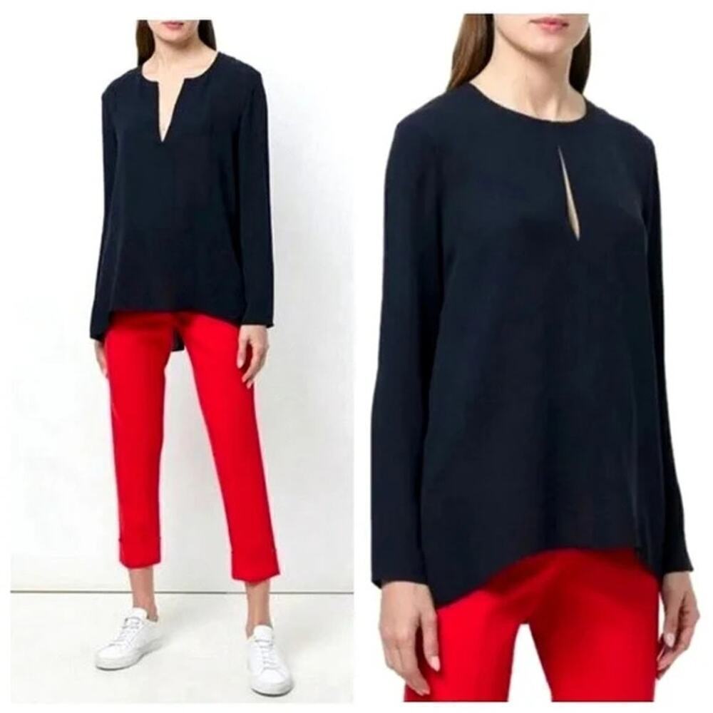 THEORY Slit Front Classic Tunic Georgette Navy Blue Size Small Silk Office Work
